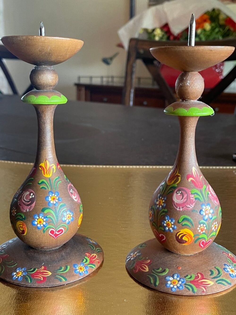 Decorative German Hand-Painted Wood candlesticks